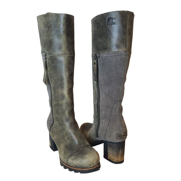 Sorel Women Boots NL2301 Addington Distressed Taupe Gray Leather Tall Heel Sz 7 - Picture 2 of 12